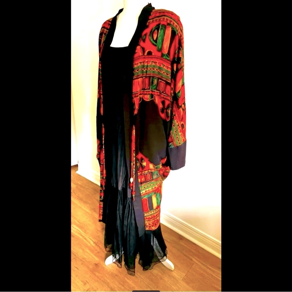 Vintage 80s Rayon Long Kimono – Bold & EarthyTones Print on Black• Boho Tribal